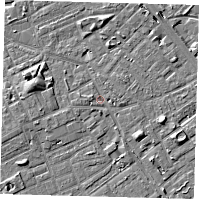 Shaded relief map of the ground around SE171QD, computed from Environment Agency LiDAR. The ground here sits at about 3 m above sea level and falls 8 m across the surrounding 800 m. Surface water reaching this point runs off ground lying to the west-north-west, 1.9 m higher.
