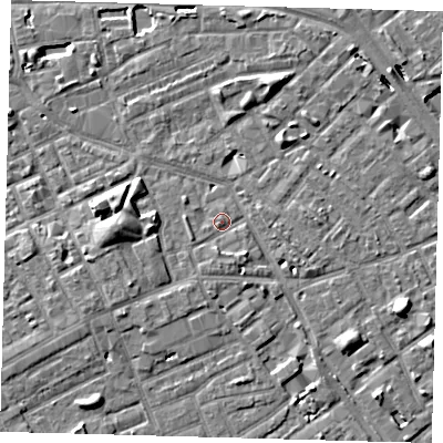 Shaded relief map of the ground around SE171QE, computed from Environment Agency LiDAR. The ground here sits at about 3 m above sea level and falls 8 m across the surrounding 800 m. Surface water reaching this point runs off ground lying to the south-east, 1.7 m higher.