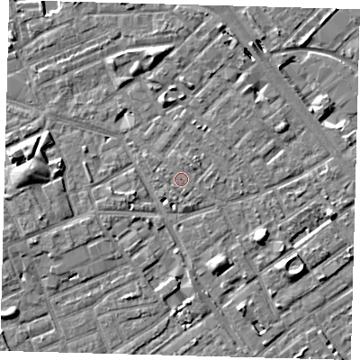 Shaded relief map of the ground around SE171QG, computed from Environment Agency LiDAR. The ground here sits at about 3 m above sea level and falls 8 m across the surrounding 800 m. Surface water reaching this point runs off ground lying to the south-south-east, 0.8 m higher.