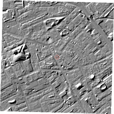 Shaded relief map of the ground around SE171QL, computed from Environment Agency LiDAR. The ground here sits at about 3 m above sea level and falls 8 m across the surrounding 800 m. Surface water reaching this point runs off ground lying to the south-west, 1.9 m higher.
