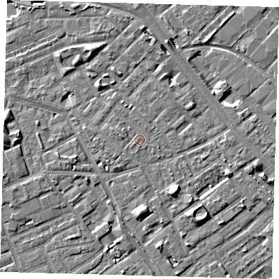 Shaded relief map of the ground around SE171QN, computed from Environment Agency LiDAR. The ground here sits at about 3 m above sea level and falls 8 m across the surrounding 800 m. Surface water reaching this point runs off ground lying to the west, 1.2 m higher.