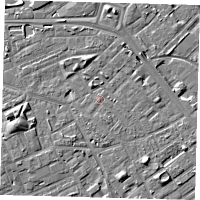 Shaded relief map of the ground around SE171QS, computed from Environment Agency LiDAR. The ground here sits at about 3 m above sea level and falls 8 m across the surrounding 800 m. Surface water reaching this point runs off ground lying to the south, 1.1 m higher.