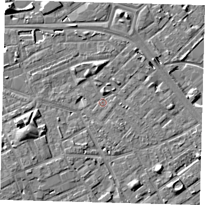 Shaded relief map of the ground around SE171QT, computed from Environment Agency LiDAR. The ground here sits at about 3 m above sea level and falls 10 m across the surrounding 800 m. Surface water reaching this point runs off ground lying to the west-south-west, 4.8 m higher.