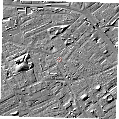 Shaded relief map of the ground around SE171QX, computed from Environment Agency LiDAR. The ground here sits at about 3 m above sea level and falls 8 m across the surrounding 800 m. Surface water reaching this point runs off ground lying to the south-east, 0.8 m higher.