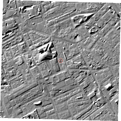 Shaded relief map of the ground around SE171QZ, computed from Environment Agency LiDAR. The ground here sits at about 3 m above sea level and falls 7 m across the surrounding 800 m. Surface water reaching this point runs off ground lying to the west-north-west, 3.2 m higher.