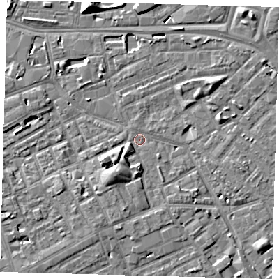 Shaded relief map of the ground around SE171RA, computed from Environment Agency LiDAR. The ground here sits at about 3 m above sea level and falls 10 m across the surrounding 800 m. Surface water reaching this point runs off ground lying to the south-south-west, 3.4 m higher.