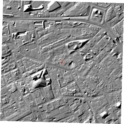 Shaded relief map of the ground around SE171RG, computed from Environment Agency LiDAR. The ground here sits at about 3 m above sea level and falls 10 m across the surrounding 800 m. Surface water reaching this point runs off ground lying to the east, 1.0 m higher.