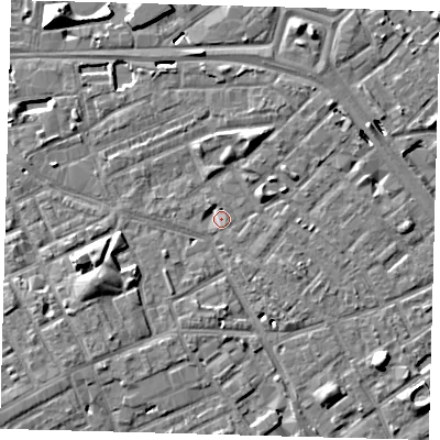 Shaded relief map of the ground around SE171RH, computed from Environment Agency LiDAR. The ground here sits at about 2 m above sea level and falls 10 m across the surrounding 800 m. Surface water reaching this point runs off ground lying to the west-south-west, 4.8 m higher.