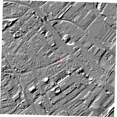 Shaded relief map of the ground around SE171ST, computed from Environment Agency LiDAR. The ground here sits at about 3 m above sea level and falls 8 m across the surrounding 800 m. Surface water reaching this point runs off ground lying to the south-south-west, 7.5 m higher.
