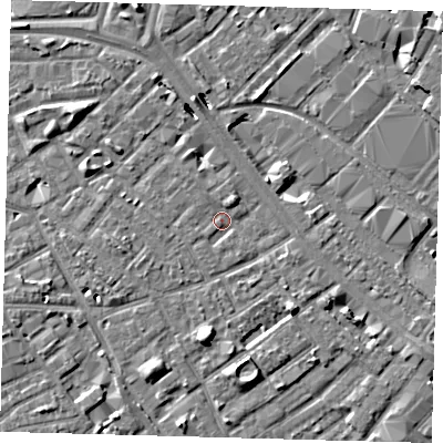 Shaded relief map of the ground around SE171TA, computed from Environment Agency LiDAR. The ground here sits at about 3 m above sea level and falls 8 m across the surrounding 800 m. Surface water reaching this point runs off ground lying to the north-north-east, 2.0 m higher.
