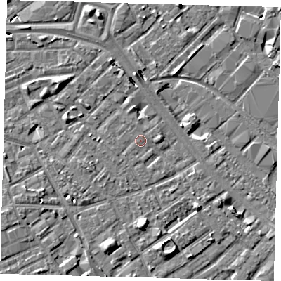 Shaded relief map of the ground around SE171TD, computed from Environment Agency LiDAR. The ground here sits at about 3 m above sea level and falls 8 m across the surrounding 800 m. Surface water reaching this point runs off ground lying to the south-east, 0.9 m higher.