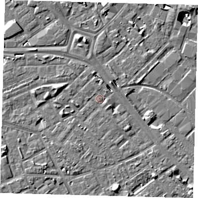 Shaded relief map of the ground around SE171TF, computed from Environment Agency LiDAR. The ground here sits at about 3 m above sea level and falls 10 m across the surrounding 800 m. Surface water reaching this point runs off ground lying to the south-east, 1.6 m higher.