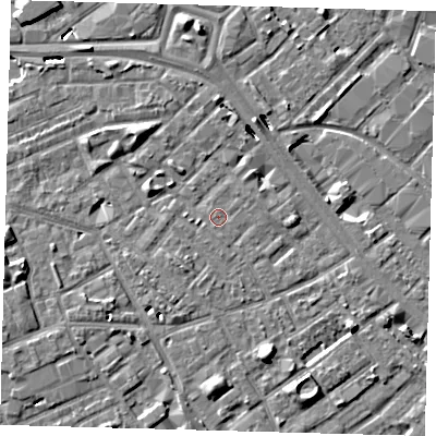 Shaded relief map of the ground around SE171TH, computed from Environment Agency LiDAR. The ground here sits at about 3 m above sea level and falls 8 m across the surrounding 800 m. Surface water reaching this point runs off ground lying to the west-south-west, 3.8 m higher.