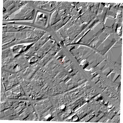 Shaded relief map of the ground around SE171TJ, computed from Environment Agency LiDAR. The ground here sits at about 3 m above sea level and falls 9 m across the surrounding 800 m. Surface water reaching this point runs off ground lying to the north-north-west, 2.1 m higher.