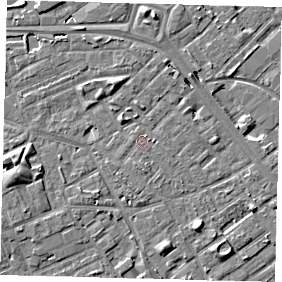 Shaded relief map of the ground around SE171TN, computed from Environment Agency LiDAR. The ground here sits at about 3 m above sea level and falls 8 m across the surrounding 800 m. Surface water reaching this point runs off ground lying to the south-south-west, 1.4 m higher.