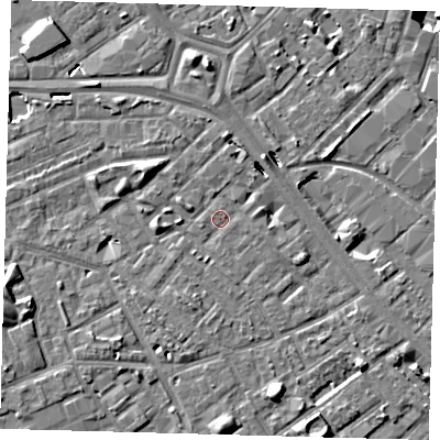 Shaded relief map of the ground around SE171TQ, computed from Environment Agency LiDAR. The ground here sits at about 3 m above sea level and falls 9 m across the surrounding 800 m. Surface water reaching this point runs off ground lying to the west-south-west, 4.2 m higher.