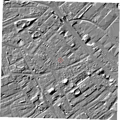 Shaded relief map of the ground around SE171TS, computed from Environment Agency LiDAR. The ground here sits at about 3 m above sea level and falls 8 m across the surrounding 800 m. Surface water reaching this point runs off ground lying to the north-west, 3.7 m higher.
