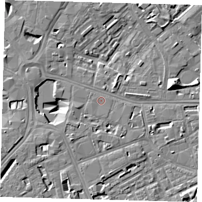Shaded relief map of the ground around SE171UB, computed from Environment Agency LiDAR. The ground here sits at about 3 m above sea level and falls 13 m across the surrounding 800 m. The ground contributing surface water to this point lies to the west-south-west.