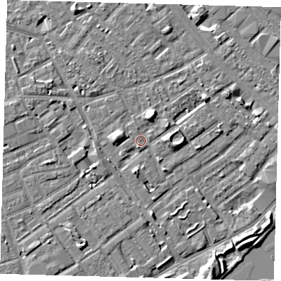 Shaded relief map of the ground around SE172AF, computed from Environment Agency LiDAR. The ground here sits at about 3 m above sea level and falls 7 m across the surrounding 800 m. Surface water reaching this point runs off ground lying to the north-north-east, 4.6 m higher.