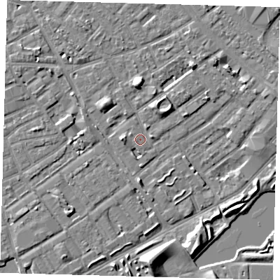 Shaded relief map of the ground around SE172AH, computed from Environment Agency LiDAR. The ground here sits at about 3 m above sea level and falls 8 m across the surrounding 800 m. Surface water reaching this point runs off ground lying to the north, 4.6 m higher.