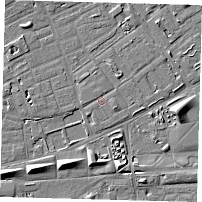 Shaded relief map of the ground around SE172BL, computed from Environment Agency LiDAR. The ground here sits at about 3 m above sea level and falls 8 m across the surrounding 800 m. Surface water reaching this point runs off ground lying to the east-south-east, 1.4 m higher.