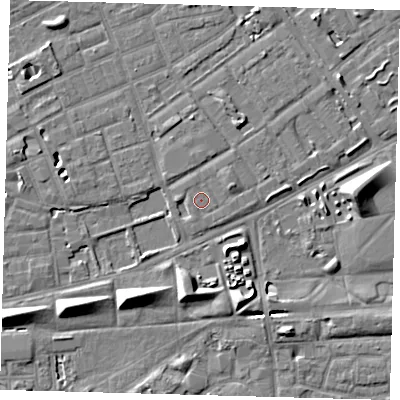 Shaded relief map of the ground around SE172BN, computed from Environment Agency LiDAR. The ground here sits at about 3 m above sea level and falls 8 m across the surrounding 800 m. Surface water reaching this point runs off ground lying to the west-south-west, 0.6 m higher.