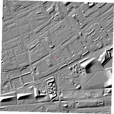Shaded relief map of the ground around SE172BP, computed from Environment Agency LiDAR. The ground here sits at about 3 m above sea level and falls 8 m across the surrounding 800 m. Surface water reaching this point runs off ground lying to the south-west, 1.6 m higher.