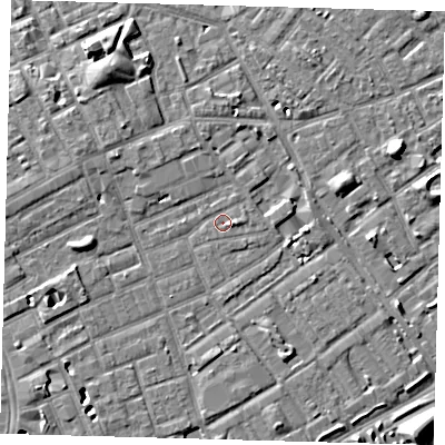 Shaded relief map of the ground around SE172EF, computed from Environment Agency LiDAR. The ground here sits at about 3 m above sea level and falls 8 m across the surrounding 800 m. Surface water reaching this point runs off ground lying to the east-south-east, 1.0 m higher.