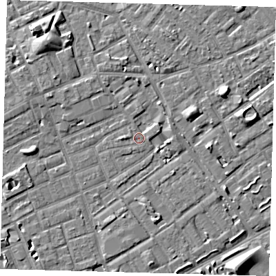 Shaded relief map of the ground around SE172EG, computed from Environment Agency LiDAR. The ground here sits at about 3 m above sea level and falls 8 m across the surrounding 800 m. Surface water reaching this point runs off ground lying to the east-north-east, 1.3 m higher.