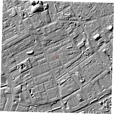 Shaded relief map of the ground around SE172EJ, computed from Environment Agency LiDAR. The ground here sits at about 3 m above sea level and falls 7 m across the surrounding 800 m. Surface water reaching this point runs off ground lying to the west, 3.7 m higher.