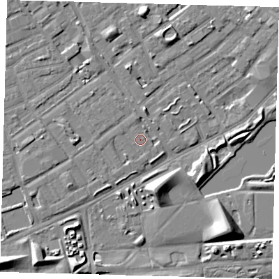 Shaded relief map of the ground around SE172EP, computed from Environment Agency LiDAR. The ground here sits at about 3 m above sea level and falls 9 m across the surrounding 800 m. Surface water reaching this point runs off ground lying to the west, 1.2 m higher.