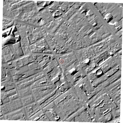 Shaded relief map of the ground around SE172FT, computed from Environment Agency LiDAR. The ground here sits at about 3 m above sea level and falls 7 m across the surrounding 800 m. Surface water reaching this point runs off ground lying to the north-west, 3.8 m higher.
