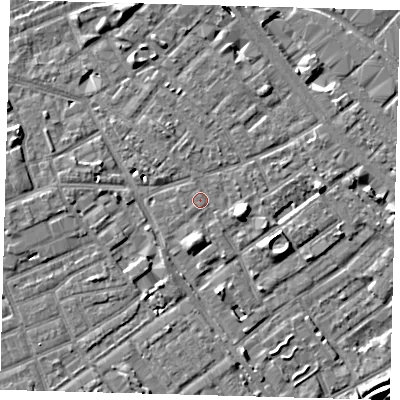 Shaded relief map of the ground around SE172FX, computed from Environment Agency LiDAR. The ground here sits at about 3 m above sea level and falls 8 m across the surrounding 800 m. Surface water reaching this point runs off ground lying to the south, 2.2 m higher.