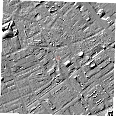 Shaded relief map of the ground around SE172FY, computed from Environment Agency LiDAR. The ground here sits at about 3 m above sea level and falls 7 m across the surrounding 800 m. Surface water reaching this point runs off ground lying to the north-west, 3.8 m higher.