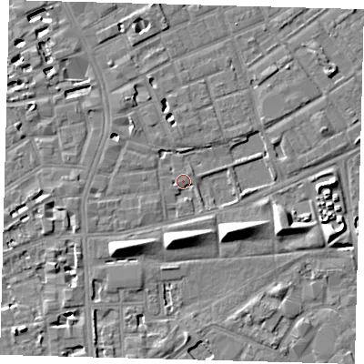Shaded relief map of the ground around SE172GE, computed from Environment Agency LiDAR. The ground here sits at about 3 m above sea level and falls 8 m across the surrounding 800 m. Surface water reaching this point runs off ground lying to the south, 7.3 m higher.