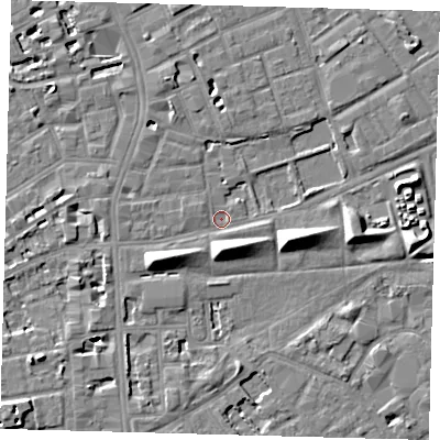 Shaded relief map of the ground around SE172GF, computed from Environment Agency LiDAR. The ground here sits at about 2 m above sea level and falls 8 m across the surrounding 800 m. Surface water reaching this point runs off ground lying to the west-south-west, 6.0 m higher.