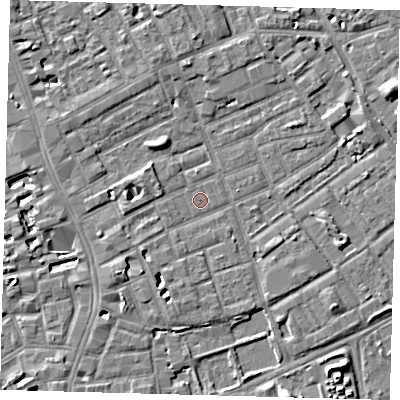 Shaded relief map of the ground around SE172HN, computed from Environment Agency LiDAR. The ground here sits at about 3 m above sea level and falls 5 m across the surrounding 800 m. The ground contributing surface water to this point lies to the north-west.