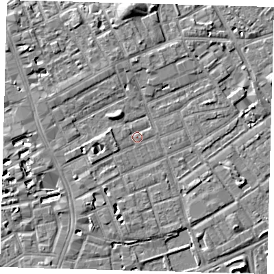 Shaded relief map of the ground around SE172HP, computed from Environment Agency LiDAR. The ground here sits at about 3 m above sea level and falls 5 m across the surrounding 800 m. Surface water reaching this point runs off ground lying to the west-south-west, 1.4 m higher.