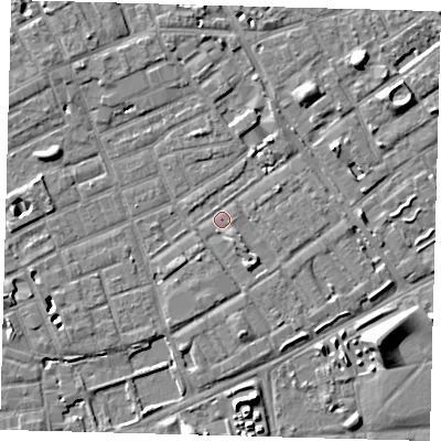 Shaded relief map of the ground around SE172HT, computed from Environment Agency LiDAR. The ground here sits at about 3 m above sea level and falls 8 m across the surrounding 800 m. Surface water reaching this point runs off ground lying to the south-east, 2.4 m higher.