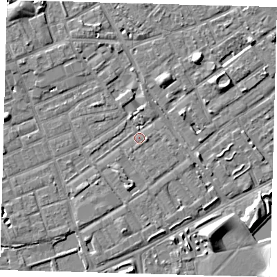 Shaded relief map of the ground around SE172HY, computed from Environment Agency LiDAR. The ground here sits at about 3 m above sea level and falls 8 m across the surrounding 800 m. Surface water reaching this point runs off ground lying to the west, 3.6 m higher.