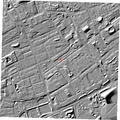 Shaded relief map of the ground around SE172JD, computed from Environment Agency LiDAR. The ground here sits at about 2 m above sea level and falls 8 m across the surrounding 800 m. Surface water reaching this point runs off ground lying to the west-north-west, 3.7 m higher.