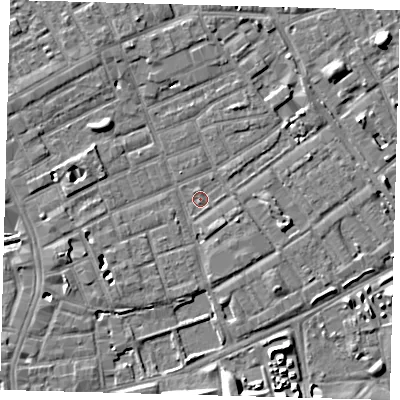 Shaded relief map of the ground around SE172JF, computed from Environment Agency LiDAR. The ground here sits at about 3 m above sea level and falls 6 m across the surrounding 800 m. Surface water reaching this point runs off ground lying to the north-west, 3.7 m higher.