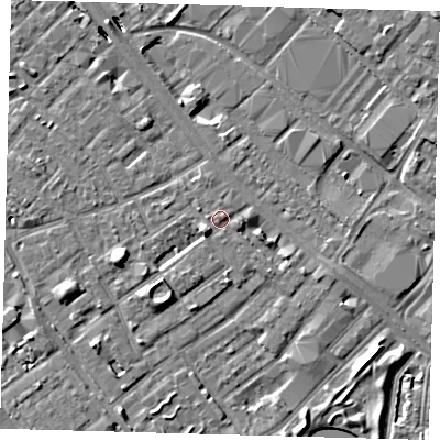 Shaded relief map of the ground around SE172JU, computed from Environment Agency LiDAR. The ground here sits at about 3 m above sea level and falls 8 m across the surrounding 800 m. The ground contributing surface water to this point lies to the south-south-west.