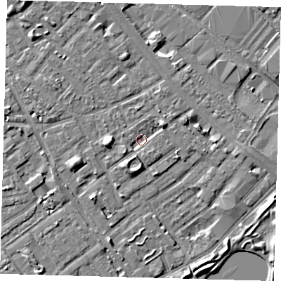 Shaded relief map of the ground around SE172JX, computed from Environment Agency LiDAR. The ground here sits at about 2 m above sea level and falls 7 m across the surrounding 800 m. Surface water reaching this point runs off ground lying to the east-north-east, 3.4 m higher.