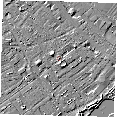 Shaded relief map of the ground around SE172JY, computed from Environment Agency LiDAR. The ground here sits at about 3 m above sea level and falls 7 m across the surrounding 800 m. Surface water reaching this point runs off ground lying to the south, 1.9 m higher.