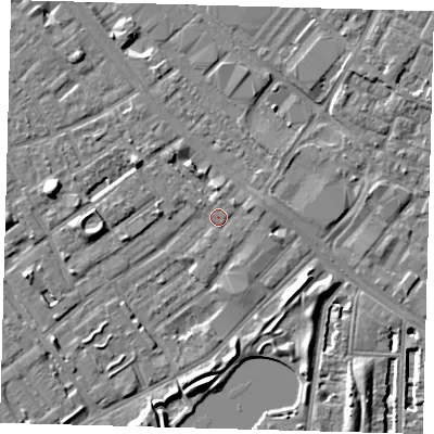 Shaded relief map of the ground around SE172LF, computed from Environment Agency LiDAR. The ground here sits at about 3 m above sea level and falls 7 m across the surrounding 800 m. Surface water reaching this point runs off ground lying to the west, 5.7 m higher.