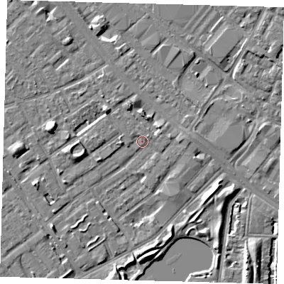 Shaded relief map of the ground around SE172LG, computed from Environment Agency LiDAR. The ground here sits at about 2 m above sea level and falls 7 m across the surrounding 800 m. Surface water reaching this point runs off ground lying to the west, 5.7 m higher.