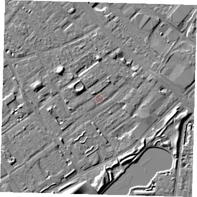 Shaded relief map of the ground around SE172LH, computed from Environment Agency LiDAR. The ground here sits at about 2 m above sea level and falls 7 m across the surrounding 800 m. Surface water reaching this point runs off ground lying to the north-west, 5.7 m higher.