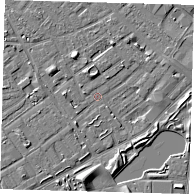Shaded relief map of the ground around SE172LL, computed from Environment Agency LiDAR. The ground here sits at about 2 m above sea level and falls 8 m across the surrounding 800 m. Surface water reaching this point runs off ground lying to the north-north-west, 6.5 m higher.
