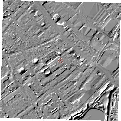 Shaded relief map of the ground around SE172LP, computed from Environment Agency LiDAR. The ground here sits at about 3 m above sea level and falls 8 m across the surrounding 800 m. Surface water reaching this point runs off ground lying to the north, 1.8 m higher.